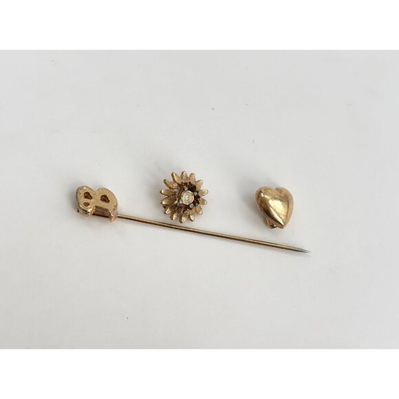 Letter "B" Monogrammed, Sunflower Shaped & Heart Shaped Vintage Gold T Stick Pin - Picture 5 of 10